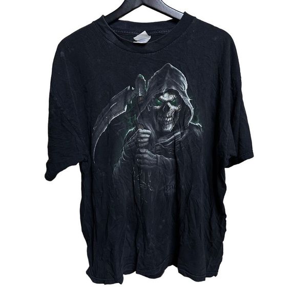00s Y2K Tennessee River Grim Reaper Baggy Skater Black Tee - Picture 1 of 4